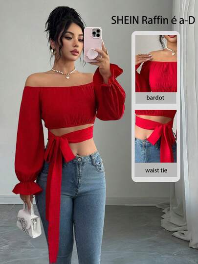 Rafferiza Blusa con hombros descubiertos y lazo estilo francés para mujeres, Día de San Valentín