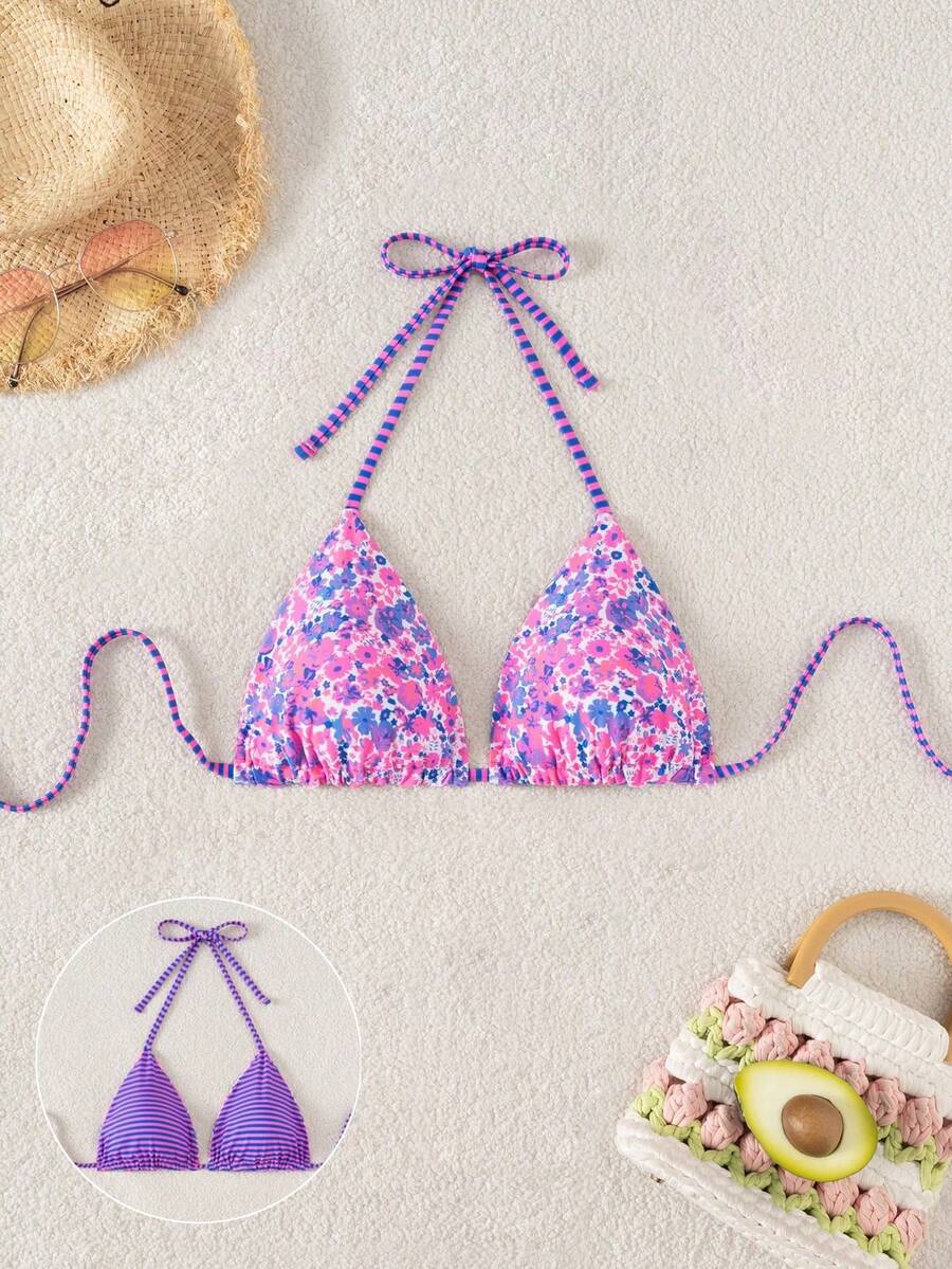 Swim Mod Women's Ditsy Floral Spaghetti Strap Backless Bikini Top - Multicolor - View 1