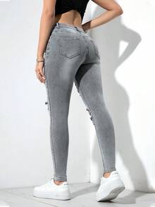 Flexra Women's Casual Versatile Everyday Wear Jeans With Pockets, Button And Distressed Design - Light Grey - View 2