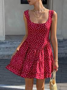 Cévolie 女士波点印花优雅无袖圆领连衣裙 - 酒紅色 - 查看 5
