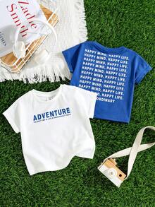 SHEIN Bộ 2 áo thun ngắn tay in chữ, kiểu dáng thường ngày dễ thương, đa năng cho bé trai, thích hợp mặc mùa hè. - Nhiều màu - Xem 8