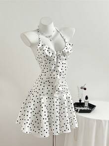 Elamini Women's Summer Pure White Polka Dot Fitted V-Neck Mini Dress With 3D Floral Decor - White - View 4
