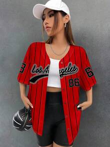 SHEIN EZwear 女士休闲简约比赛日棒球服宽松纽扣短袖衬衫，适合夏季 - 紅色 - 查看 5
