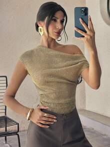 Firerie 女士优雅浪漫约会度假休闲通勤百搭卡其色亮片提花不对称领连体衣，夏季套装 - 卡其色 - 查看 9