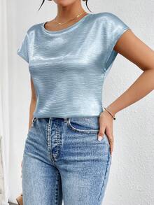 Firerie Áo sơ mi satin tay cánh dơi màu trơn dành cho nữ - Màu xanh nhạt - Xem 6