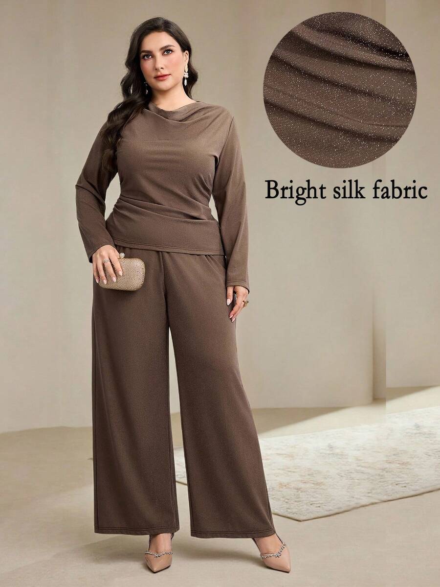 Modelyn Plus Size Women's Loose Shoulder Drop Shoulder Elegant Arabic Style Set - Brown - View 1