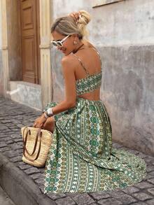 Brillora Women's Summer Vacation All-Over Print Slit Strap Dress ,Summer Dress - Green - View 5