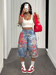 Slaydiva 女士字母印花高腰工装口袋休闲牛仔百慕大短裤 - 軍綠色 - 查看 7