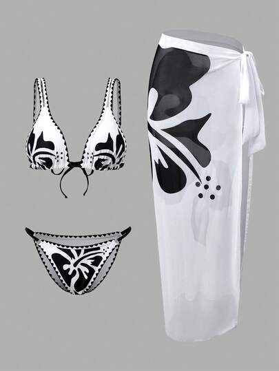 Swim Oasis 3pcs Floral Print Black & White Contrast Elegant Vintage Casual Beach Holiday Women Swimwear Set