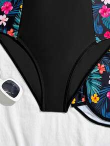 Bộ đồ bơi liền thân cho bé gái tuổi teen, bộ 2 mảnh với họa tiết hoa lá màu đen, thời trang năng động, thanh lịch, thích hợp cho bơi lội, kỳ nghỉ, bãi biển, hồ bơi, chụp ảnh, làm quà tặng, công viên nước, spa mùa hè. - màu đen - Xem 5