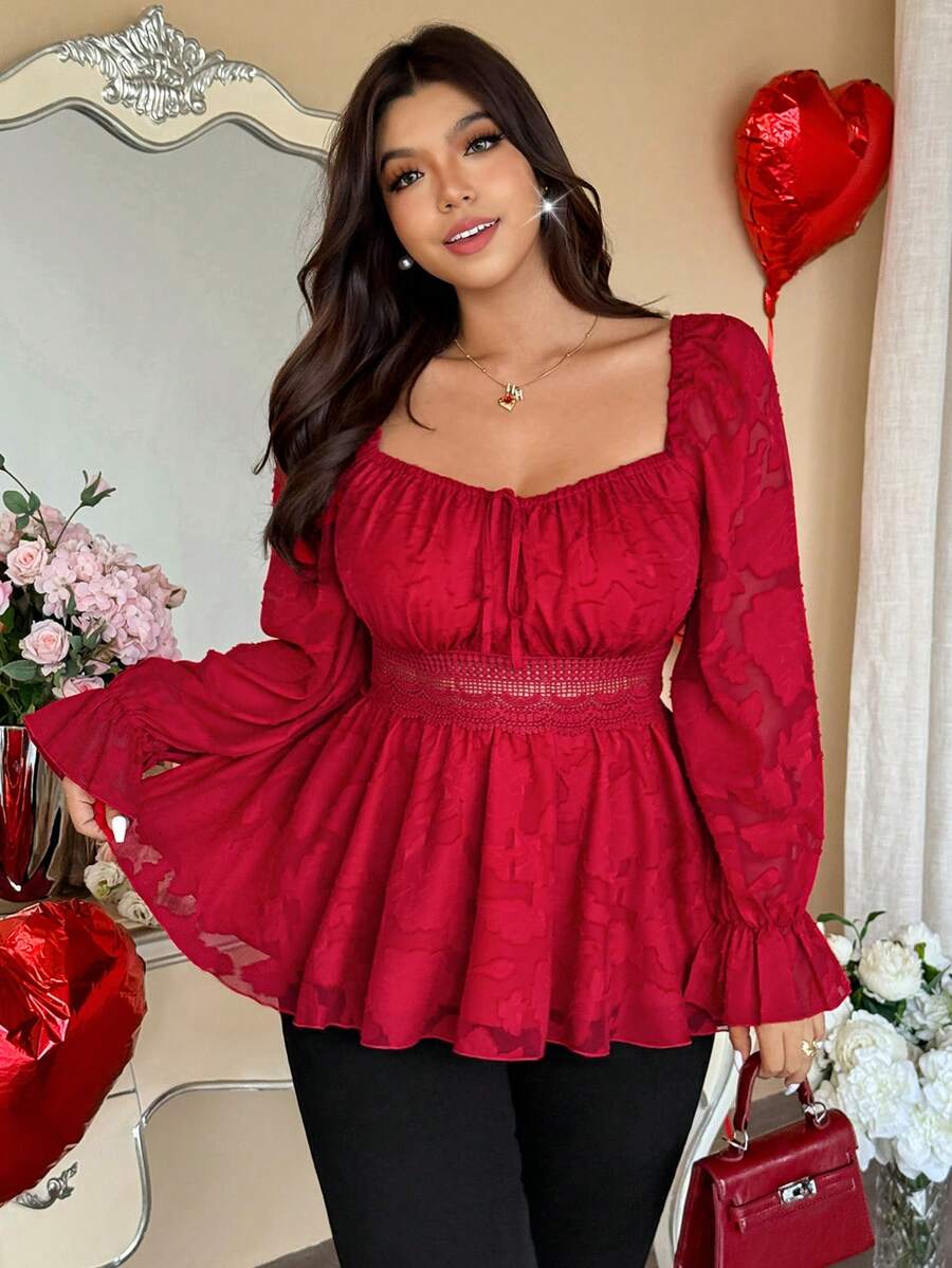 Vionelle Áo cánh dự tiệc tay dài cổ vuông Jacquard cỡ lớn màu sắc trang nhã và dễ thương dành cho nữ - Đỏ - Xem 1