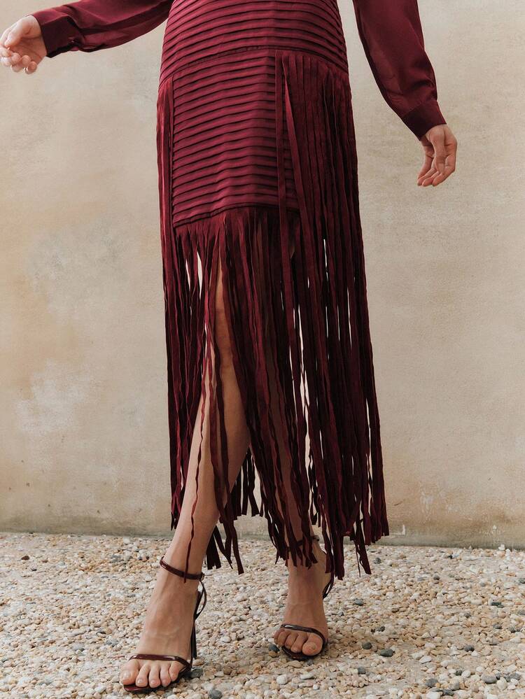 Women's Solid Color Fringe Hem Button Elegant Long Sleeve Dress