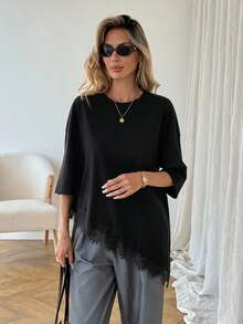 Easowa Women's Casual Solid Color Asymmetrical Hem Lace Patchwork T-Shirt, Basic Everyday Wear, Spring/Summer Casual Top For Women Vacation Outfits Women Summer Holiday Outfits Holiday Outfits For Women Vacation Outfits For Women Summer Outfits Summer Outfits For Women Spring Outfit Women Spring Break Outfits Beach Dress Beach Outfits For Women Beach Outfit For Women Casual Blouses For Women Going Out Top Going Out Tops For Women Summer Tops - Black - View 5