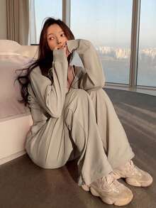 DAZY Ladies' Casual Solid Color Two Pieces Set Tracksuits Women Set Hoodie Lounge Sets For Women - Khaki - View 4