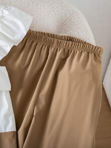 Tween Girl Colorblock Frill Trim Short Cap Sleeve T-Shirt And Elastic Waist Wide Leg Pants Casual Outfit - Khaki - View 4