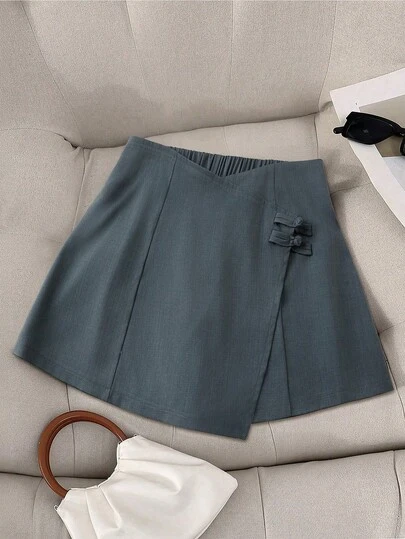 Franclia Plus Size Women's Versatile Spring/Summer/Autumn/Winter Button Decor Shorts, New Chinese Style Elegant Elegant Commuter Outfit, Cute Young Lady Dress-Like Shorts Skirt Gray Skort Mini Skort Women Skorts Gray Skirt