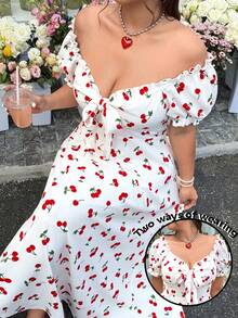 SHEIN EZwear Robe romantique pour rendez-vous/déplacements, imprimé cerises, grande taille, printemps/été - Blanc - Voir 2