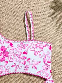 SHEIN 少女碎花镂空连体泳衣，沙滩/度假款 - 玫紅色 - 查看 4