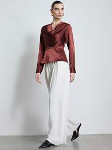 Aveloria Modichic Women's French Ruffled Collar Satin High-End Cinched Waist Shirt - Burgundy - View 1