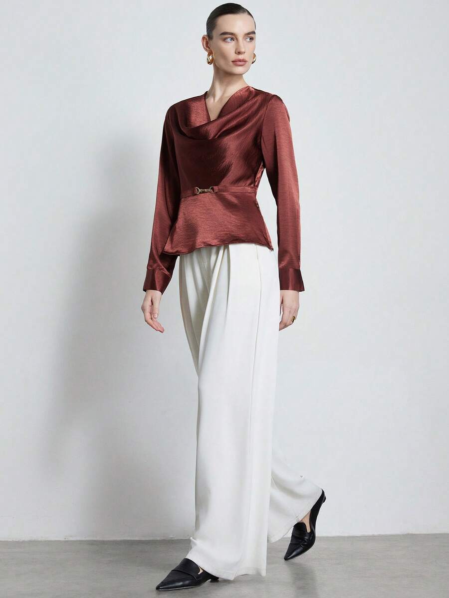 Aveloria Modichic Women's French Ruffled Collar Satin High-End Cinched Waist Shirt - Burgundy - View 1