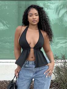 Alexandranx Schwarzes Trägertop mit Schlitz vorne, rückenfrei, geknoteter Neckholder für den Sommer - Schwarz - Übersicht 4