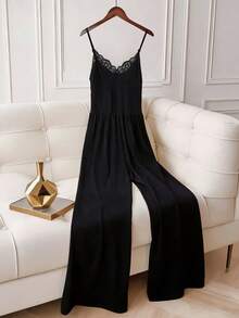 GlowEve Women's Casual Pleated Loose Straight Jumpsuit, Adjustable Straps, Spring/Summer, Elegant Contrast Lace Wide Leg Pants - Black - View 1