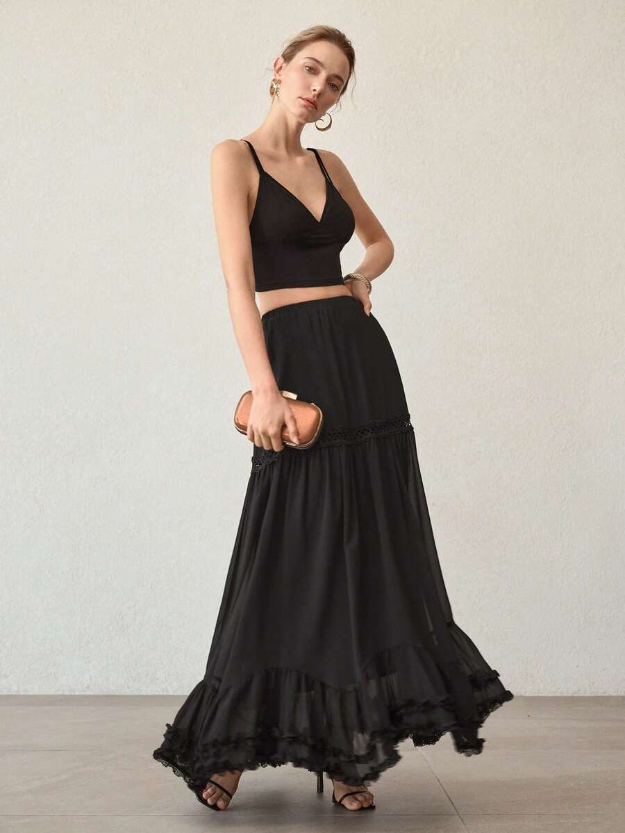 MOTF PREMIUM ELEGANT MINIMALIST SHEER LONG FLOWY SKIRT, SUITABLE FOR COMMUTING, SPRING/SUMMER - Black - View 1