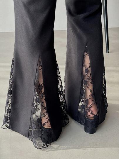 FRIFUL Women's Lightweight Sheer Lace Flared Pants, Casual Loose Solid Color Black Ankle Splice, Versatile For Spring & Summer