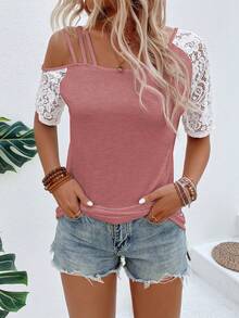 EMERY ROSE Summer Casual Contrast Color Lace Patchwork Asymmetric Collar T-Shirt Vacation Dusty Pink - Pink - View 7