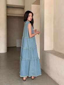 DAZY Vestido de patinadora vaquero con cuello Mao y botones, conjunto de moda para citas de verano para adolescentes - Lavado ligero - Ver 7