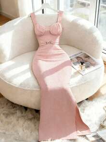 Elenzga 新款优雅性感拼接吊带裙，修身显瘦，高开衩设计，波浪针织面料，法式约会连衣裙，夏季款 - 粉色 - 查看 1