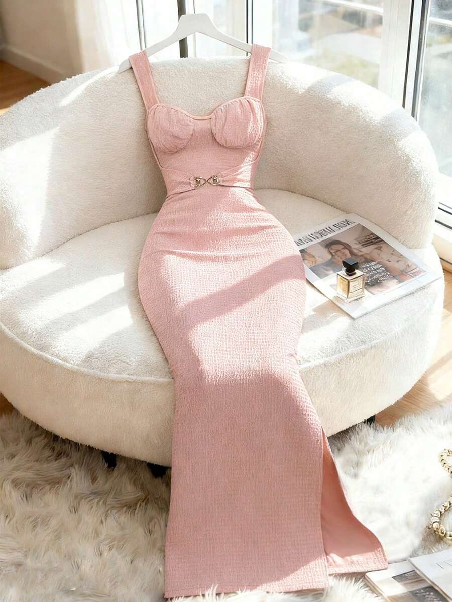 Elenzga 新款优雅性感拼接吊带裙，修身显瘦，高开衩设计，波浪针织面料，法式约会连衣裙，夏季款 - 粉色 - 查看 1