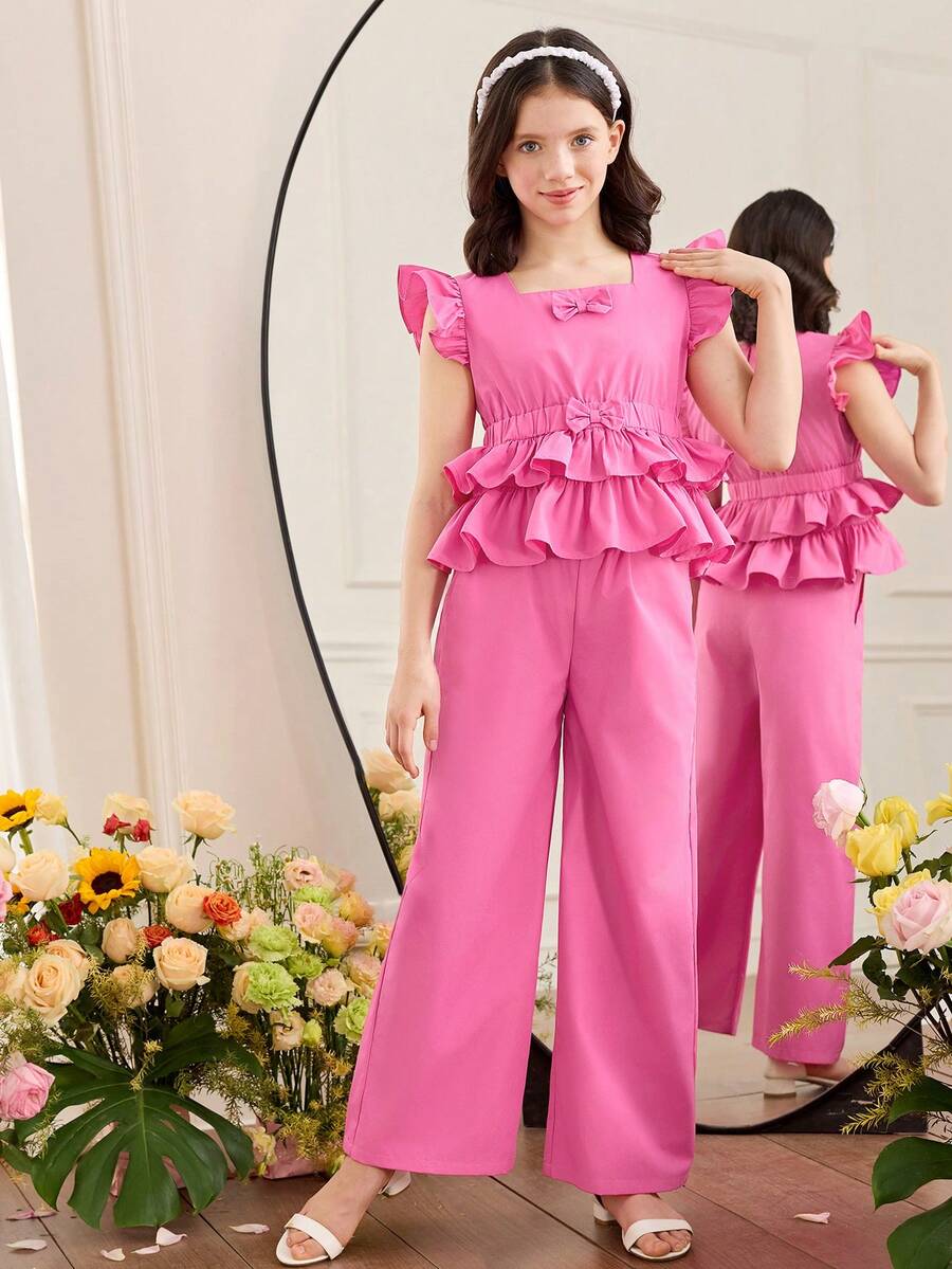 SHEIN Tween Girl Elegant Solid Magenta Woven Cap Sleeve Shirt And Pants Set, Casual - Pink - View 1