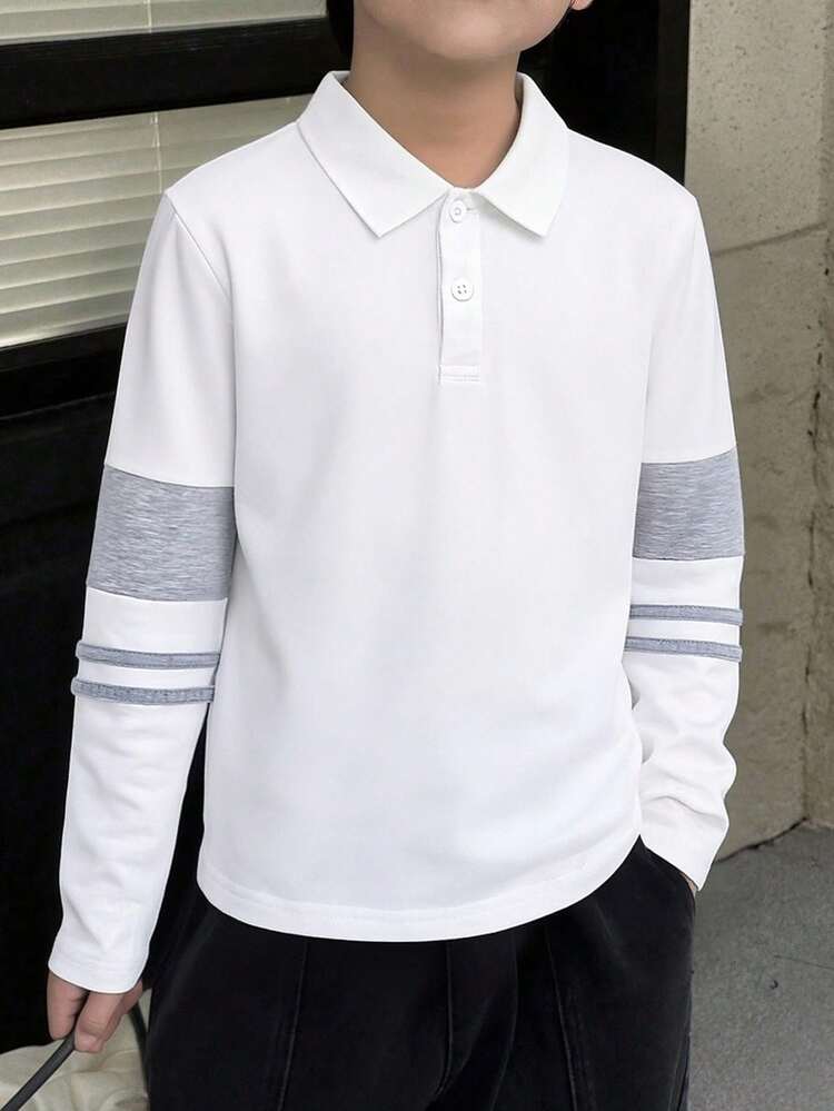 SHEIN Tween Boy Color Block Long Sleeve Polo Shirt, Simple & Stylish Collared Tee Chic Autumn/Winter - White - View 1