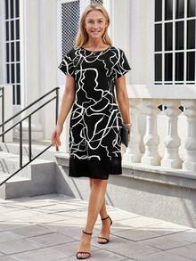 Miaspire Women's Round Neck Short-Sleeve Dress With Random Striped Print - Black and White - View 4