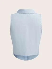 SHEIN EZwear 女士蓝色梭织无袖衬衫，春夏浅蓝色衬衫，女士蓝色衬衫，浅蓝色上衣，浅蓝色女式衬衫，浅蓝色上衣，女士无袖衬衫，夏季女士衬衫，女士衬衫，女士工作上衣，女士上衣和衬衫，工作衬衫 - 藍色 - 查看 2
