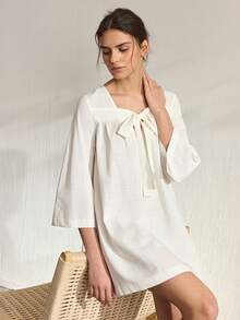 Ocili 100% Cotton Solid 3/4 Sleeve Tie Waist Round Neck Comfortable Women Nightgown - White - View 7