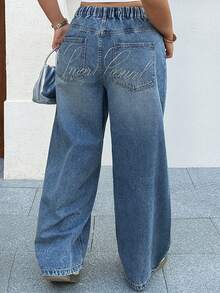 Dazy Plus Loose Straight Leg Long Jeans With Rhinestone Embellished Back Pockets, Suitable For All Seasons - Medium Wash - View 7