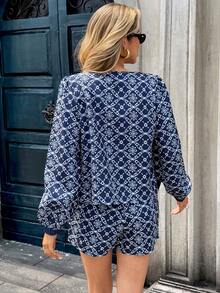 Chiquease 2pcs Women Casual Commuter All-Over Print Jacket And Shorts Set - Blue - View 2