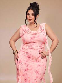 SHEIN BAE Đầm hở lưng cổ yếm thời trang mùa hè dành cho phụ nữ cỡ lớn, in hoa. - Nhiều màu - Xem 8