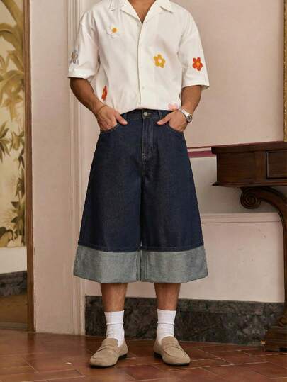 SWAVVY Men's Casual Pocketed Button Fly Denim Capri Pants, Versatile For Daily Wear Jean Shorts Oversized Jorts Oversized Jeans Shorts Baggy Jorts Baggy Jean Short