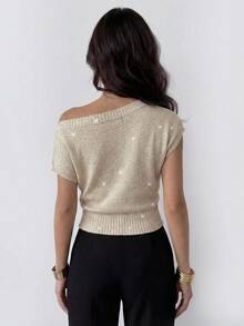 Firerie Women's Sequin Knit Asymmetric-Shoulder Sweater Top, Sexy Party Vibe Knit Blouse, Sequin Top, Risque Knit Top, Semi-Sheer Knit Sweater Top, Minimalist Women's Knit Sweater Top, Spring/Summer/Autumn Clothing, Elegant, Commute, Date, Party, Music Festival, Concert, Work Attire, Back To School, Annual Party, Women's Birthday Outfit - Apricot - View 3