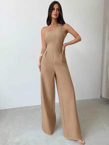 Mono de verano nuevo, elegante y minimalista de lino de color albaricoque con espalda descubierta, plisado en la cintura y piernas anchas, para vacaciones, uso diario y todas las estaciones - Albaricoque - Ver 7