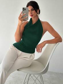 Firerie 女士新款优雅通勤衬衫，不对称领无袖露背吊带可调节纽扣装饰修身黑色办公衬衫，女士通勤衬衫，春夏服装，通勤，优雅，性感 - 墨綠色 - 查看 6