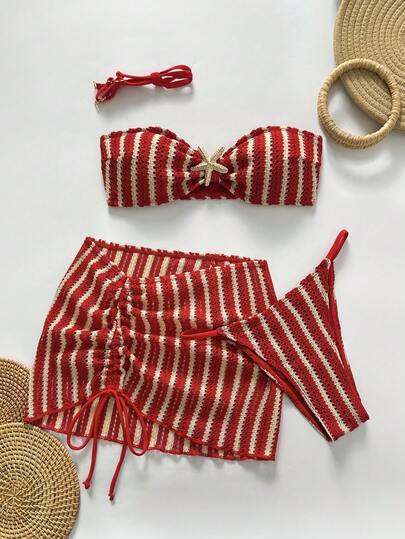 SHEIN Swim Vcay Women's Summer Vacation Beach Hollow Out Striped Knit Bikini Set