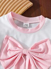 Bộ 2 món áo ngắn tay và quần short cho bé gái, áo thun hồng có nơ phối với quần short viền tương phản, họa tiết thêu, trang phục mùa hè ngọt ngào và thoải mái. - Hồng - Xem 6