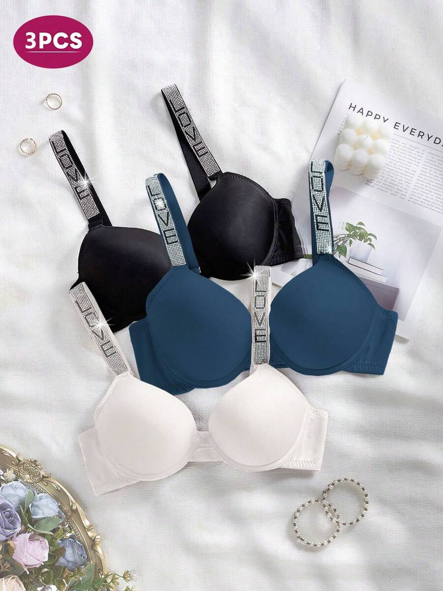 DesireSculpt 3件套女士爱心图案钢圈文胸 - 彩色 - 查看 1