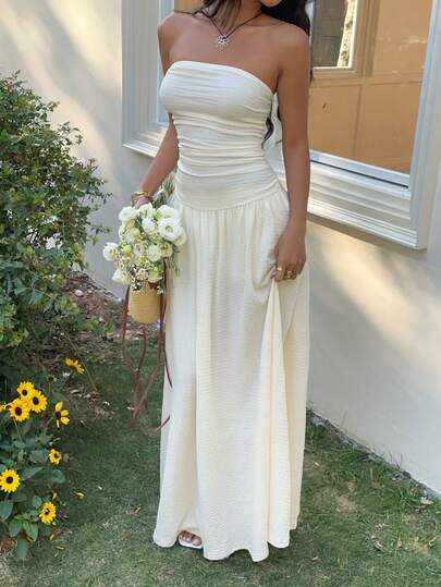 SHEIN EZwear Summer Dress Women's Solid Color Pleated Dress, Elegant ,Summer Dress,Elegant Dress