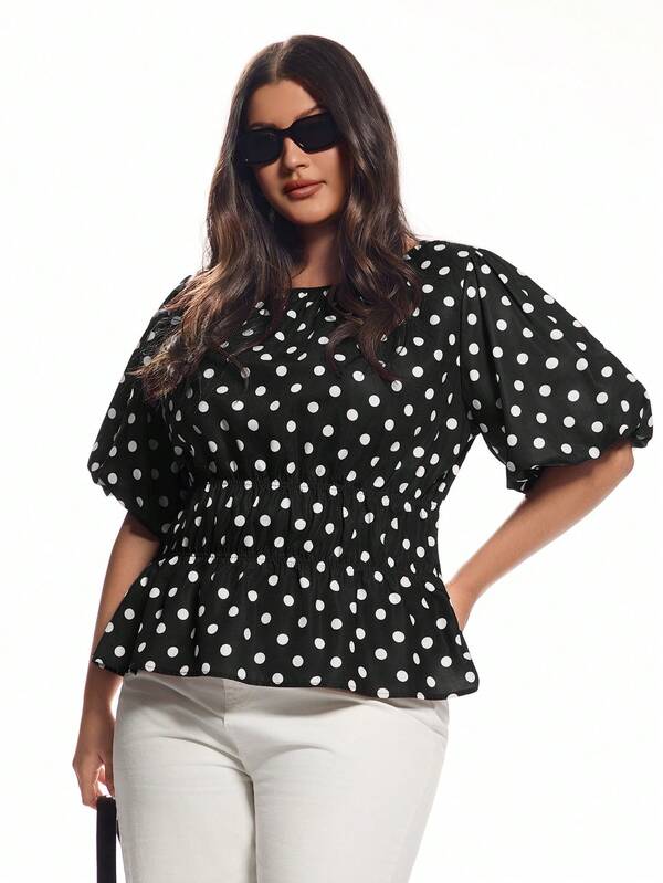 Solavibe Plus Size Summer Casual Cinched Waist Polka Dot Print Puff Sleeve Top, Plus Size Blouses, Tops Plus Size, Plus Size Blouse Women, Polkadot Top,Plus Size Polka Dot Woven Fabric Peplum Top For Women With Round Neck Puff Half Sleeve Ruffle Hem Regular Length Casual Style