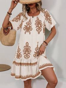 SHEIN LUNE Women's Summer Vacation Allover Print Ruffle Hem Puff Sleeve Dress - Apricot - View 5